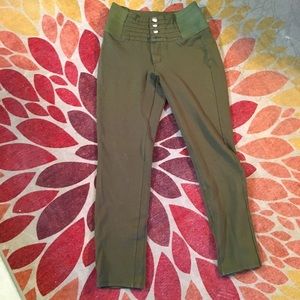 Olive khaki army green leggings with stretch waist and button fly